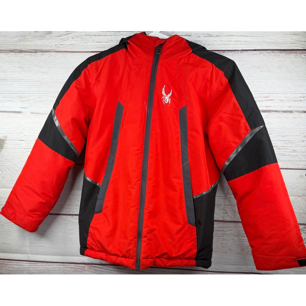 Spyder Boys Ski Jacket Red Black Insulated Hooded Winter Coat Size Small 8